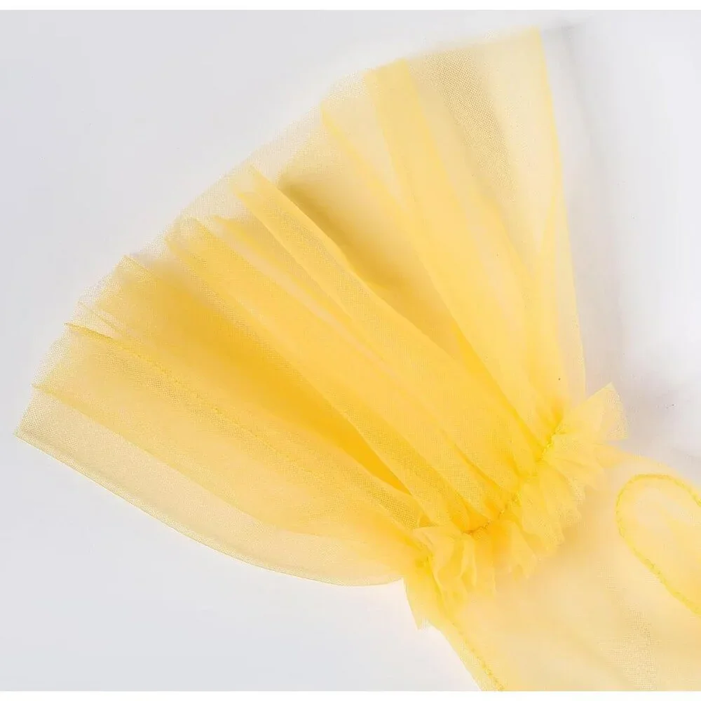 Women's Puffy Ruffle Yellow Tulle Sheer Mesh Party Prom One Size Short Gloves